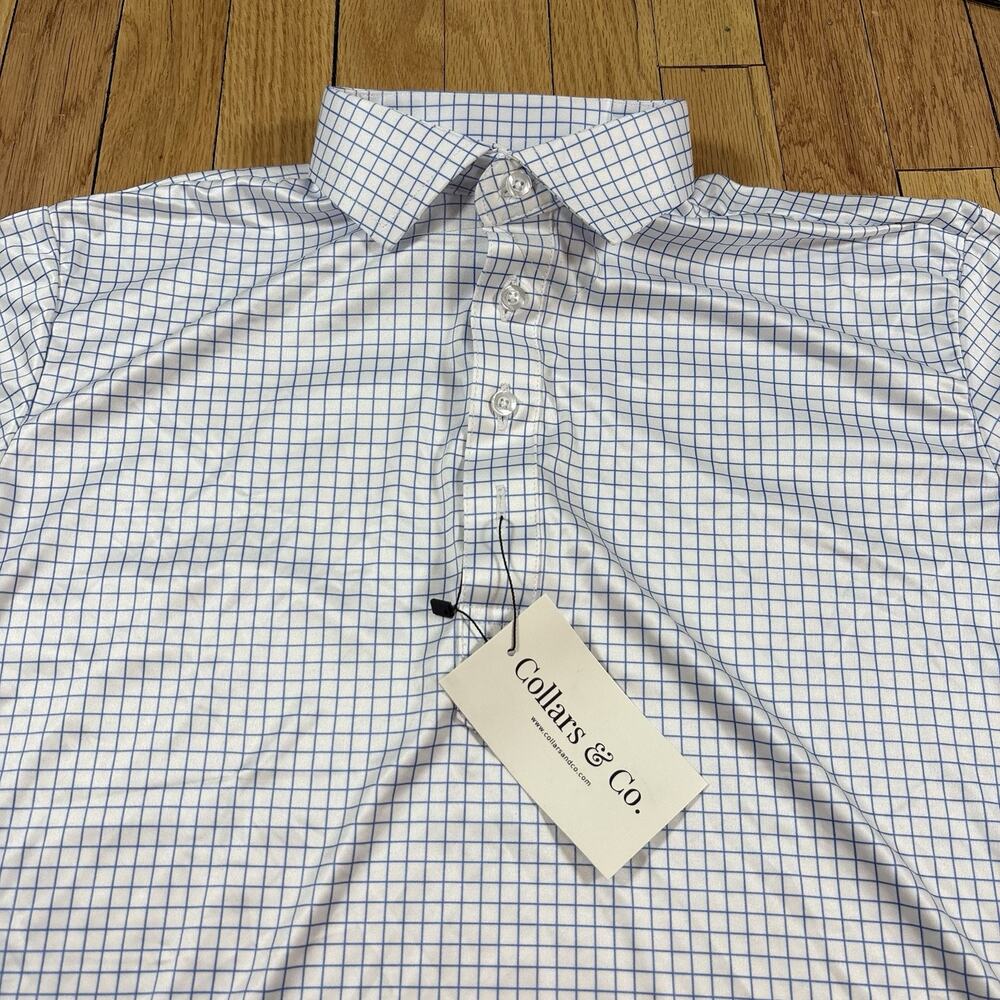NWT Collars and Co Men’s Size M Dress Collar Polo Shirt Blue White Grid Pattern
